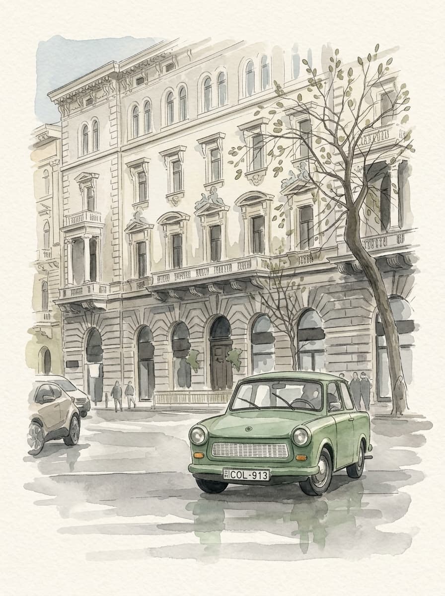 Postcard from Budapest: A bright green car passes